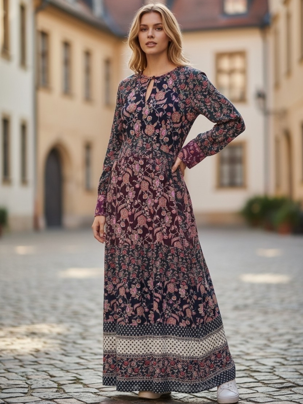 Cabi Festive Maxi Dress Retro Floral Patchwork Boho Long Sleeve Style 3675 Small